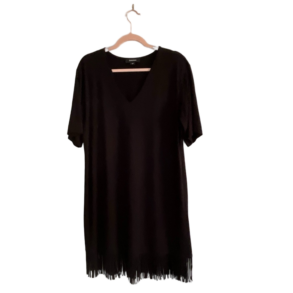 Karen Kane Black V-Neck Dress Large Fringe Hem